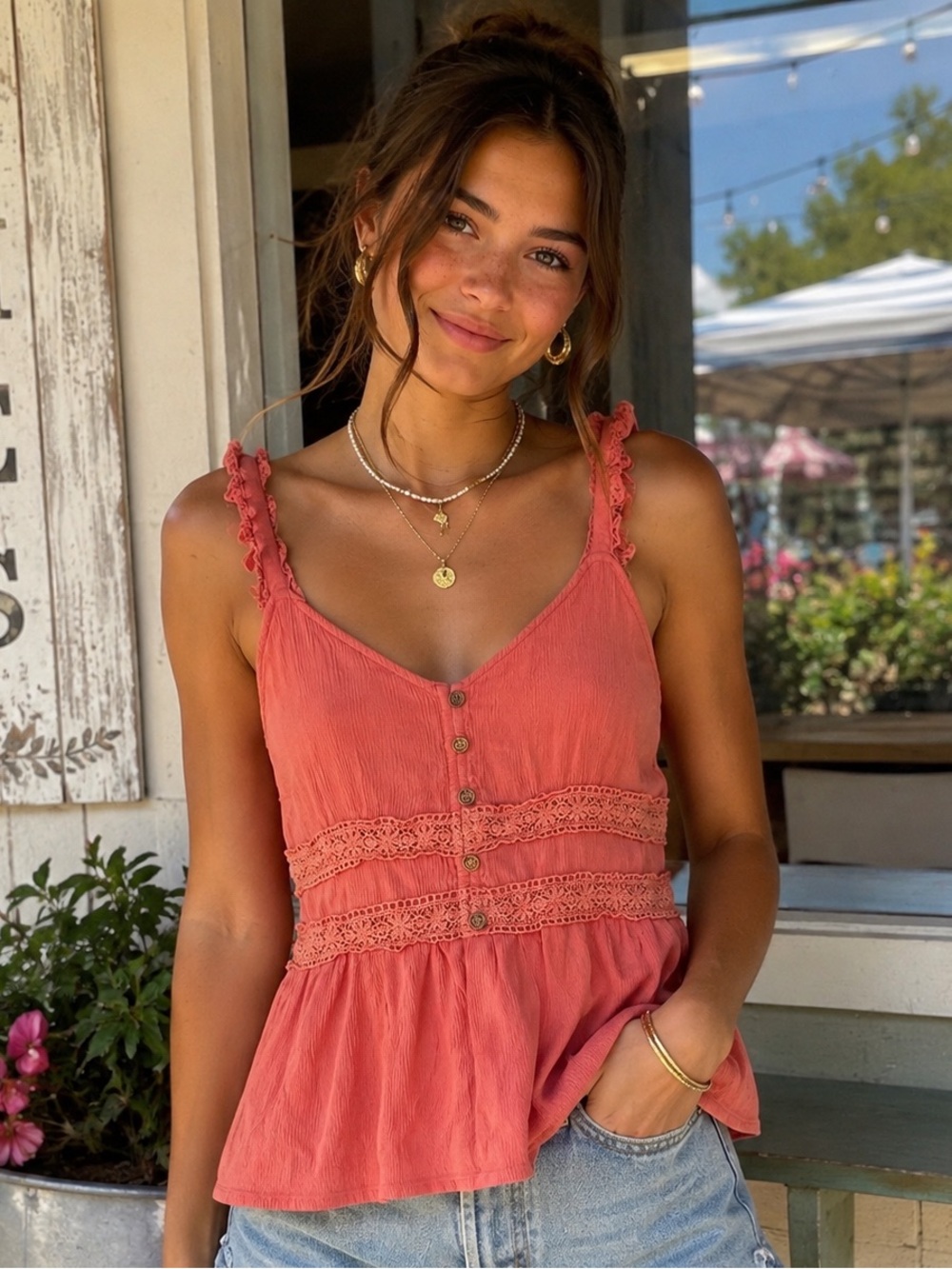 Women's Coral Lace-Trim Babydoll Button Front   Top